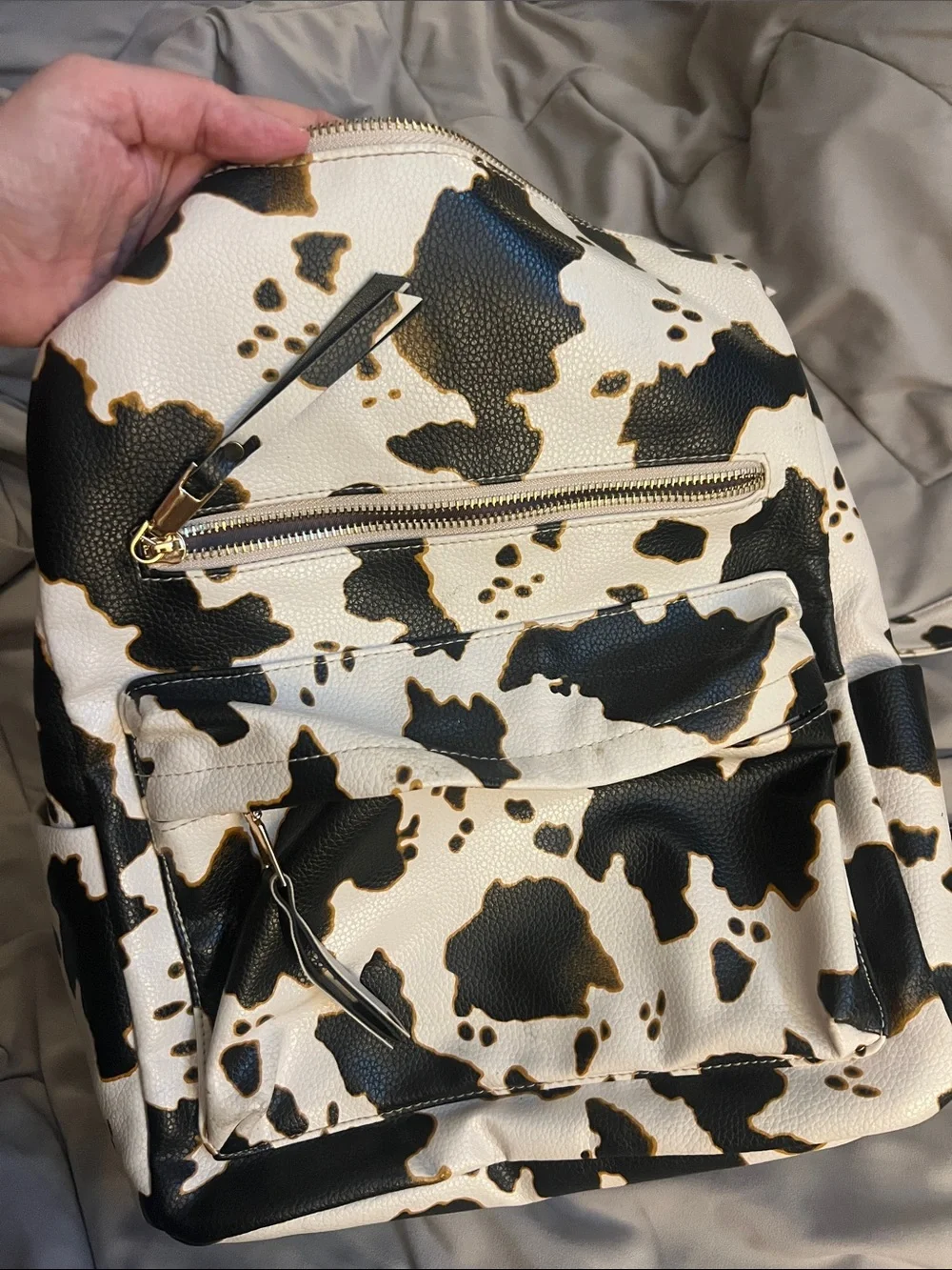 Cow Print Faux Leather Backpack Purse - Black & White